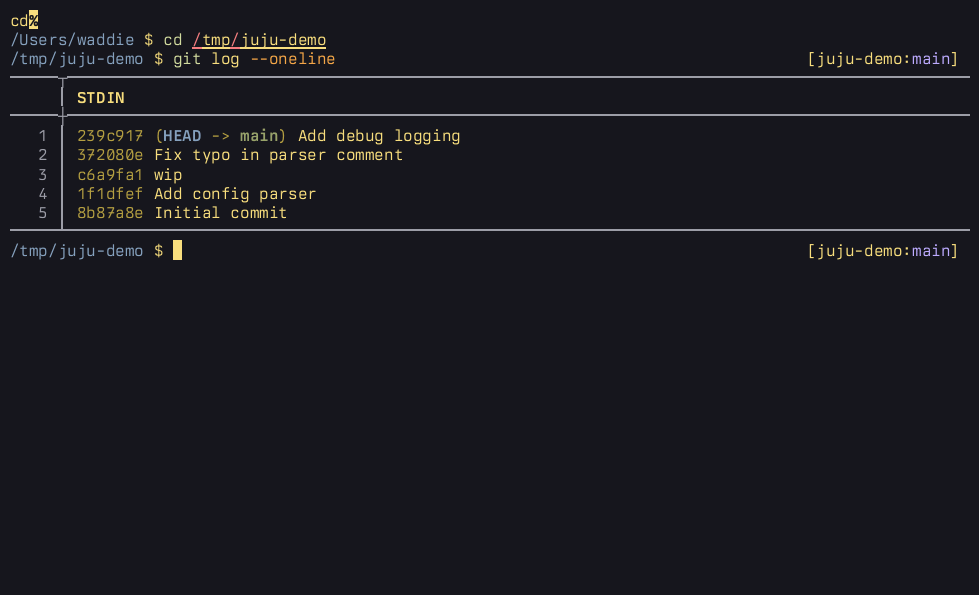 Interactive rebase of a git repo with Juju.